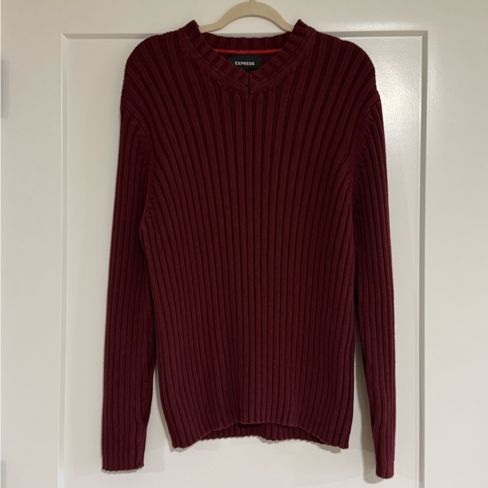 Express Men's Dark Red v neck Crewneck Sweater